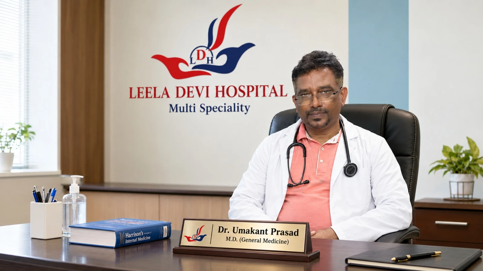 Dr. Umakant Prasad at Leela Devi Hospital, seated at his desk